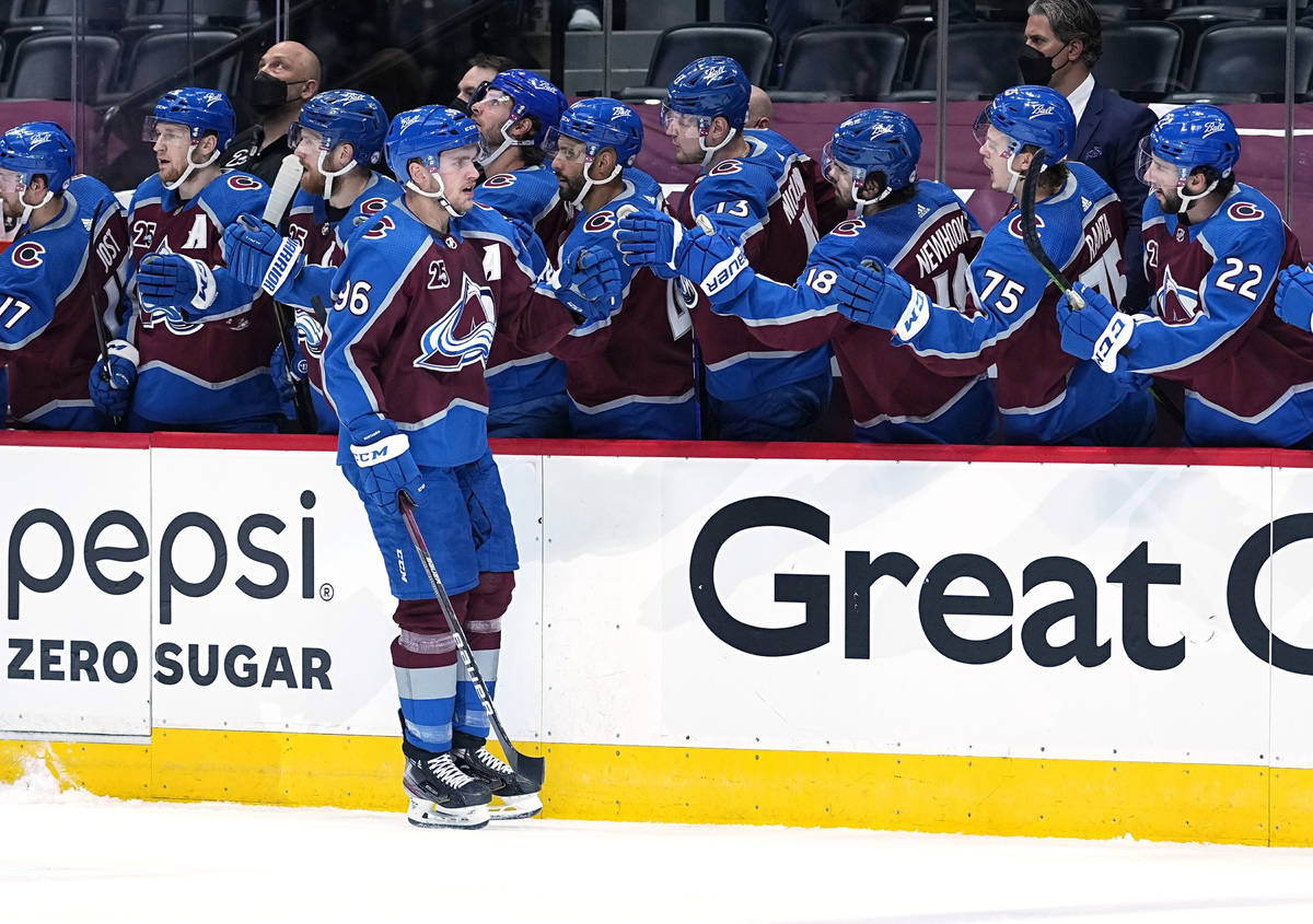 Colorado Avalanche right wing Mikko Rantanen (96) celebrates goal against the Vegas Golden Knig ...