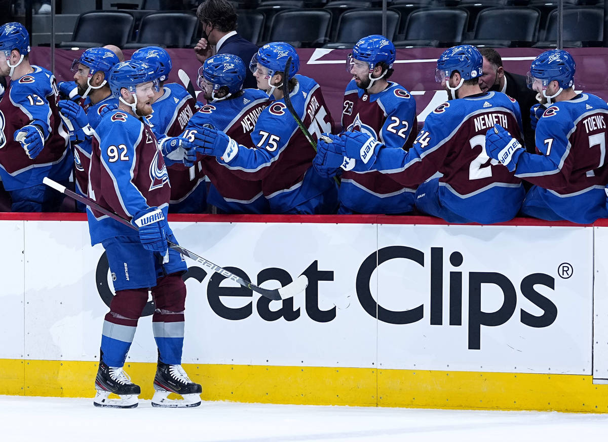 Colorado Avalanche left wing Gabriel Landeskog (92) celebrates goal against the Vegas Golden Kn ...