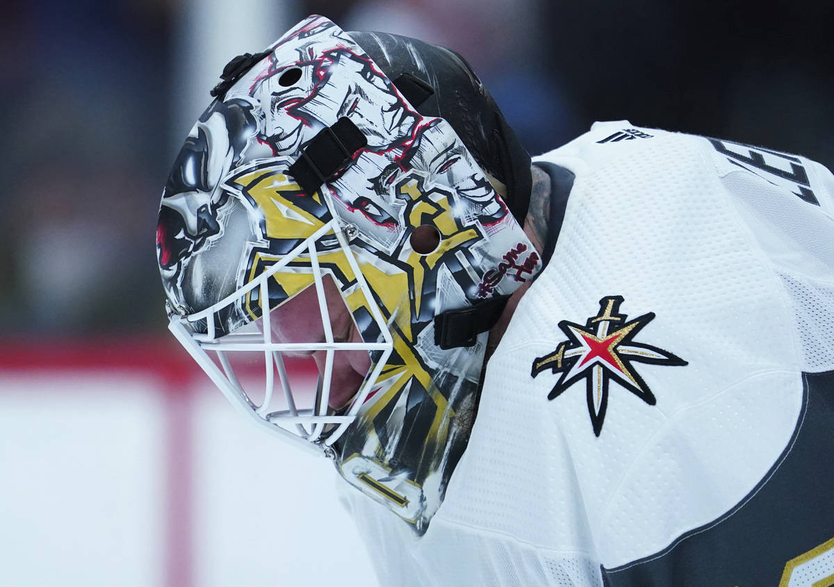 Vegas Golden Knights goaltender Robin Lehner (90) hangs his head after giving up a gaol against ...