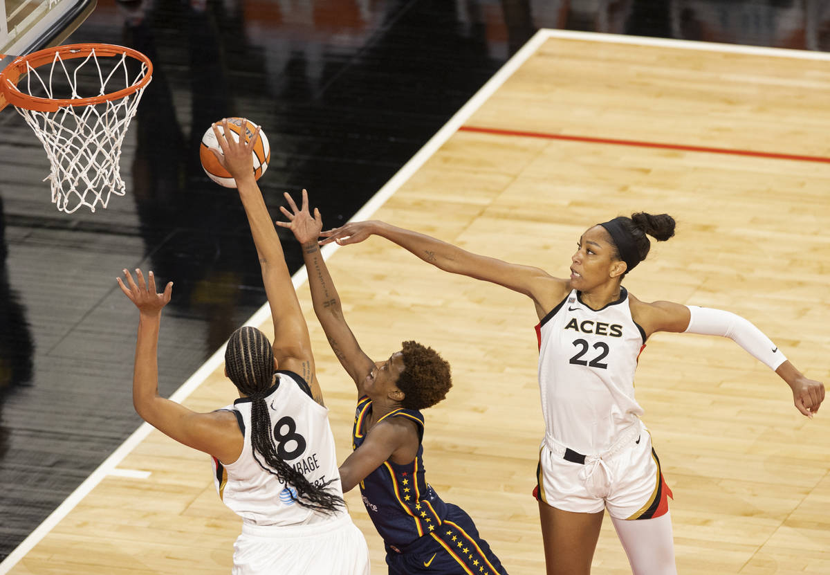 Las Vegas Aces center Liz Cambage (8) block the shot of Indiana Fever forward Teaira McCowan (1 ...