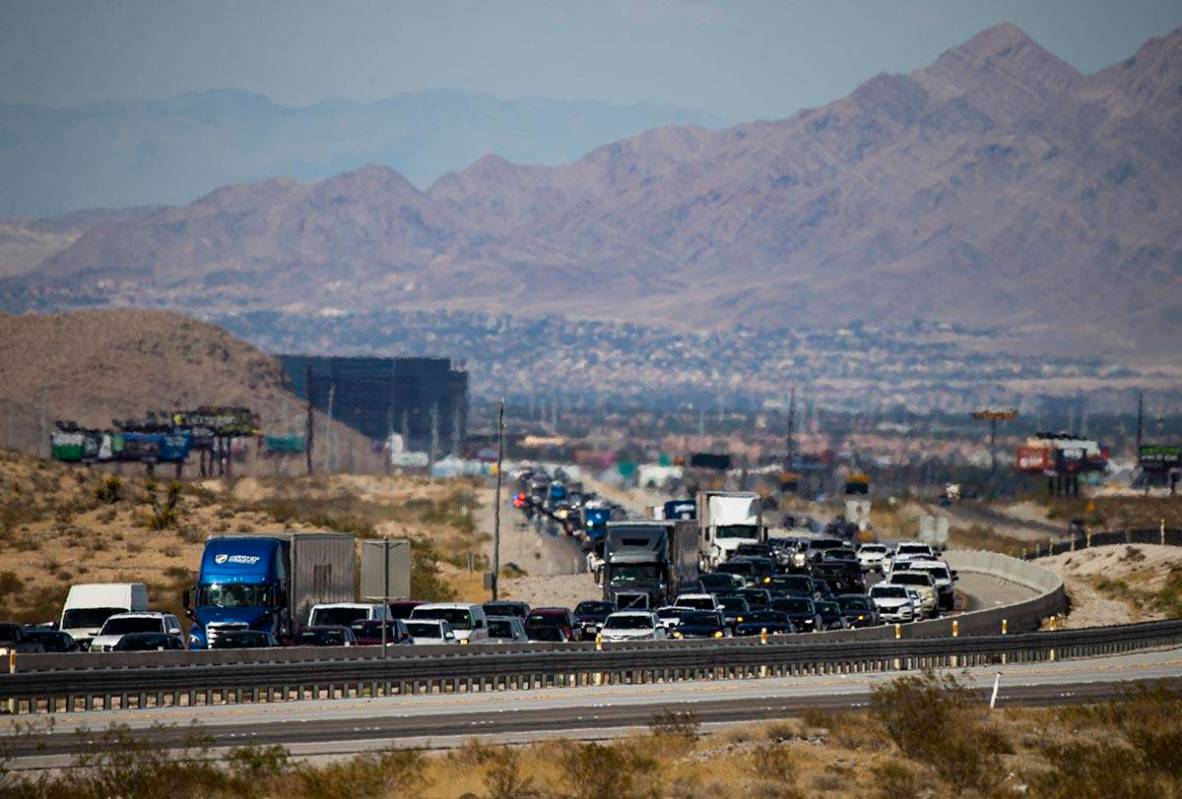 Traffic is backed up as motorists travel southbound on Interstate 15, seen north of Jean, on Mo ...