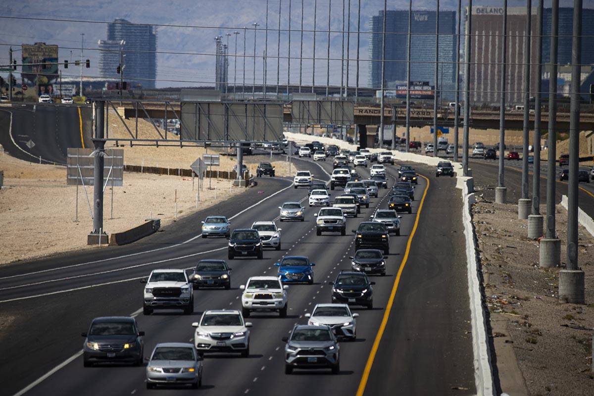 Traffic is backed up as motorists travel southbound on Interstate 15 in Las Vegas on Monday, Ma ...