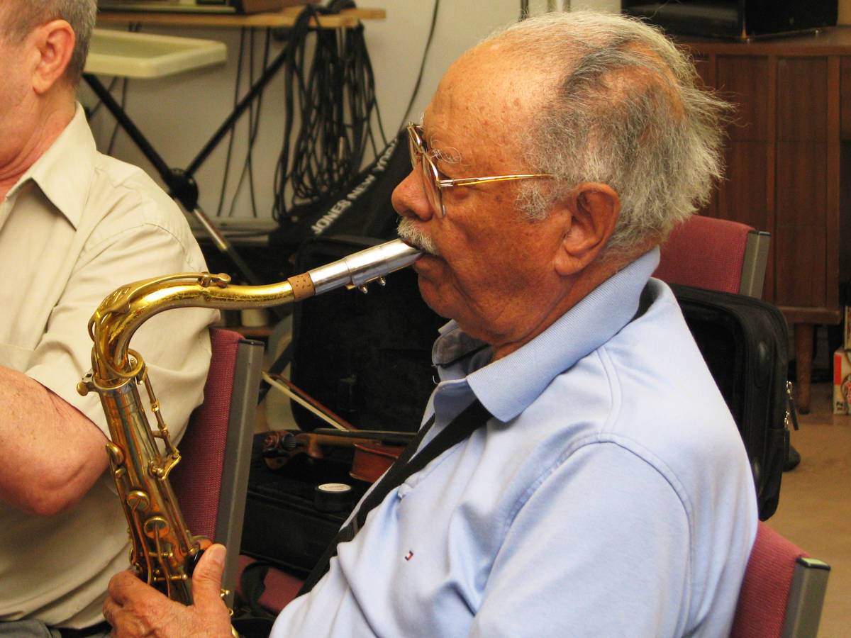 Don Hill, a saxophonist who played with The Treniers and Louis Armstrong, plays in an informal ...