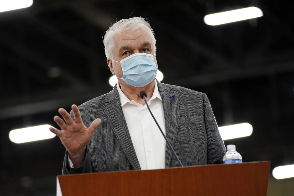 FILE - In this April 29, 2021, file photo, Nevada Gov. Steve Sisolak speaks during a news confe ...