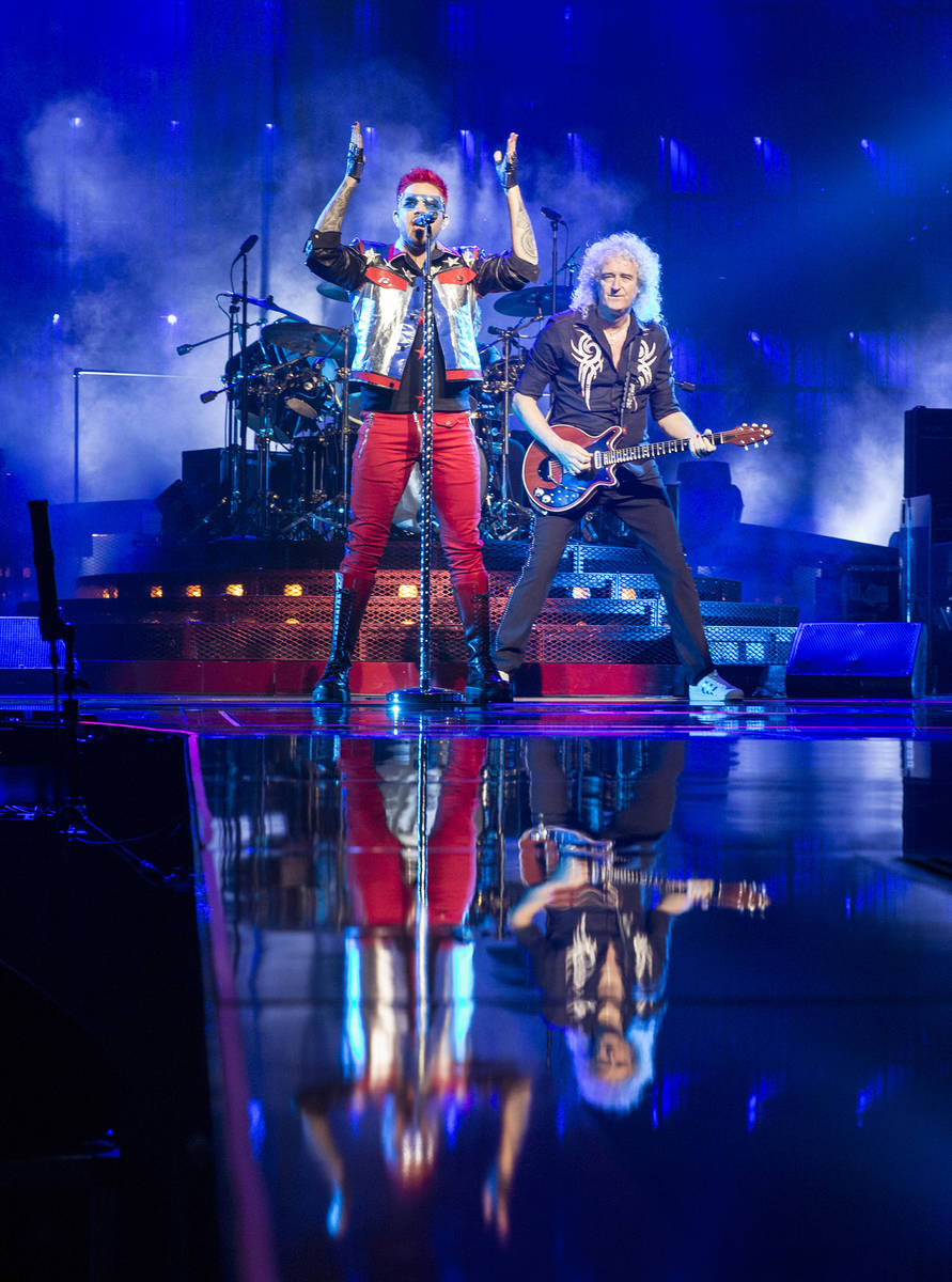 Adam Lambert, left, and Queen guitarist Brian May perform on Saturday, June 24, 2017, at T-Mob ...