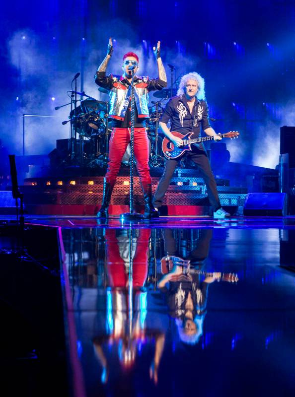 Adam Lambert, left, and Queen guitarist Brian May perform on Saturday, June 24, 2017, at T-Mob ...