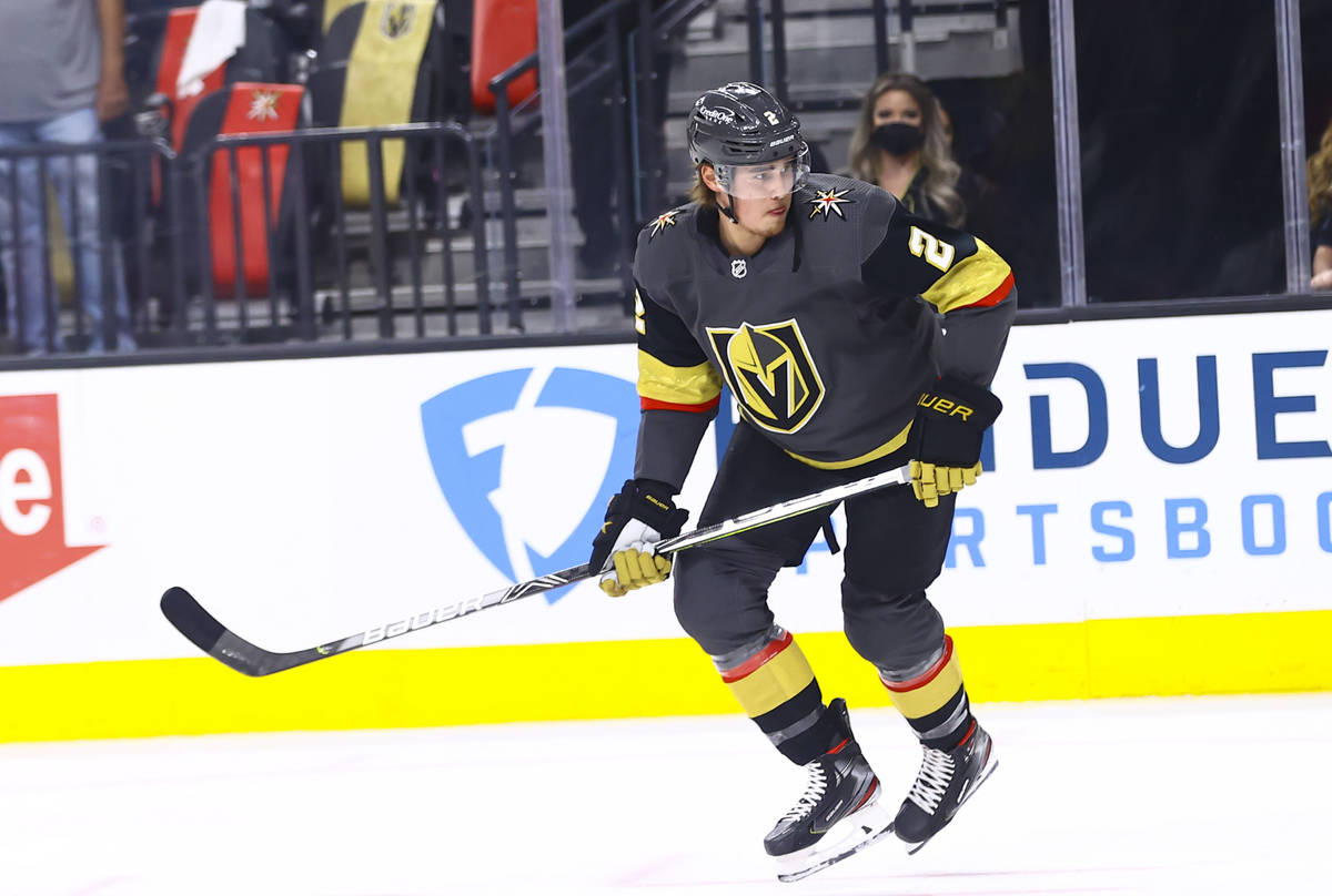 Golden Knights' Zach Whitecloud (2) warms up before the start of Game 5 of a first-round NHL ho ...