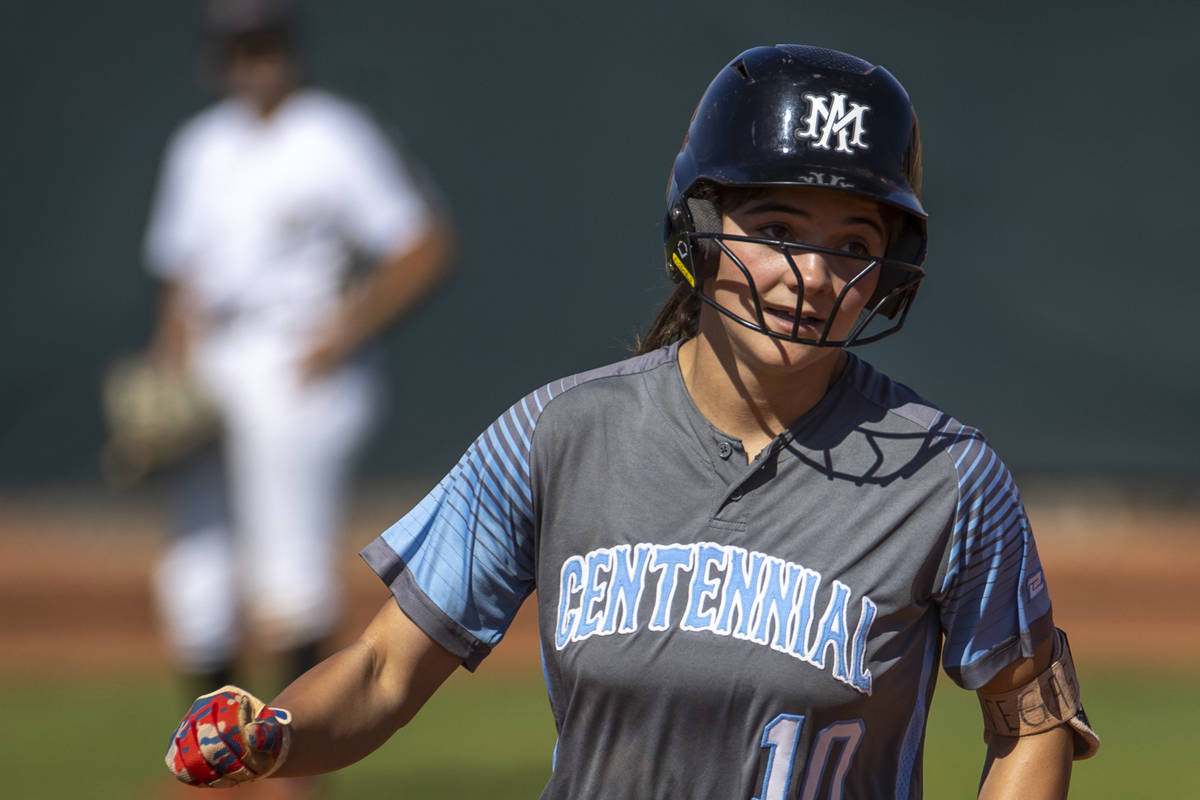 Centennial runner Jordyn Ramos (10) rounds the bases after a home run versus Faith Lutheran dur ...