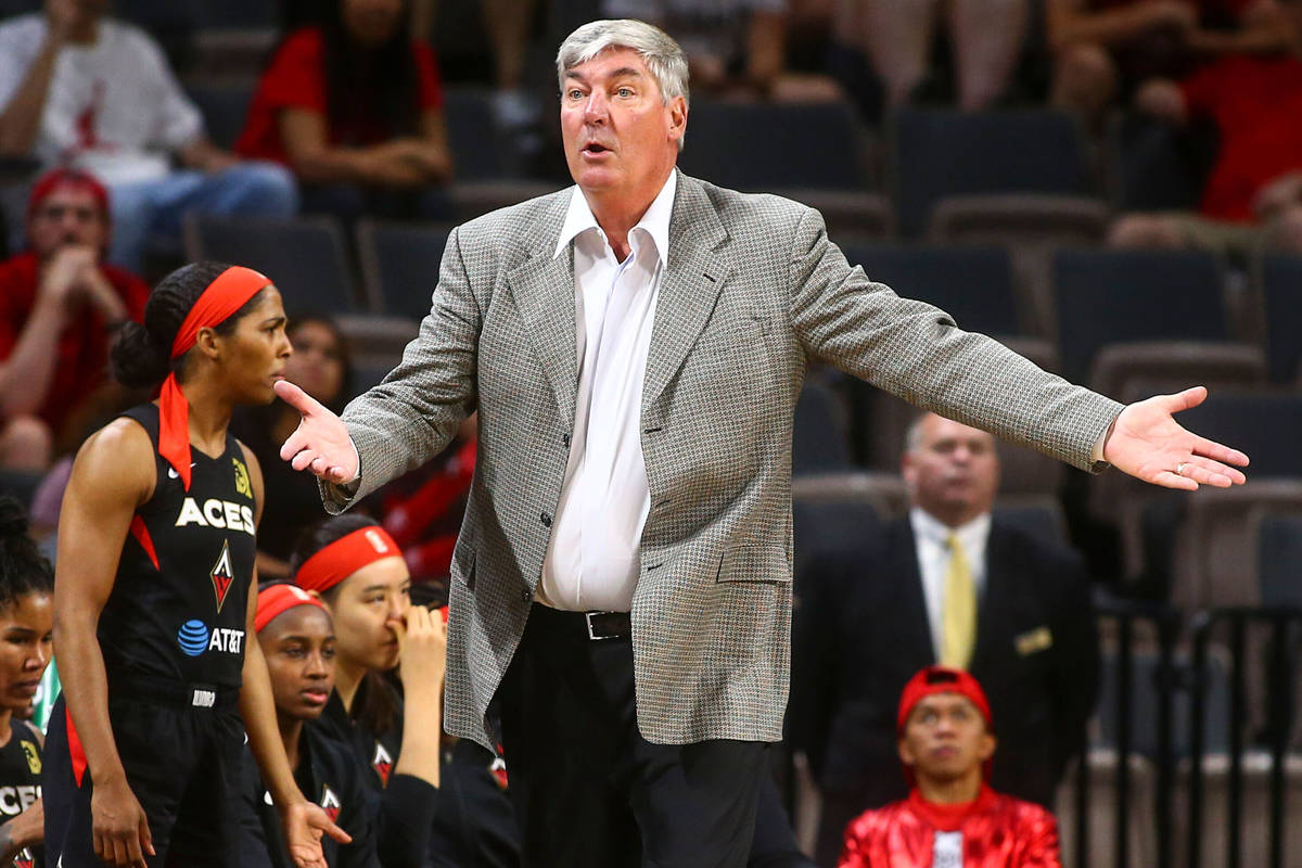 Las Vegas Aces head coach Bill Laimbeer reacts during the second half of a WNBA basketball game ...