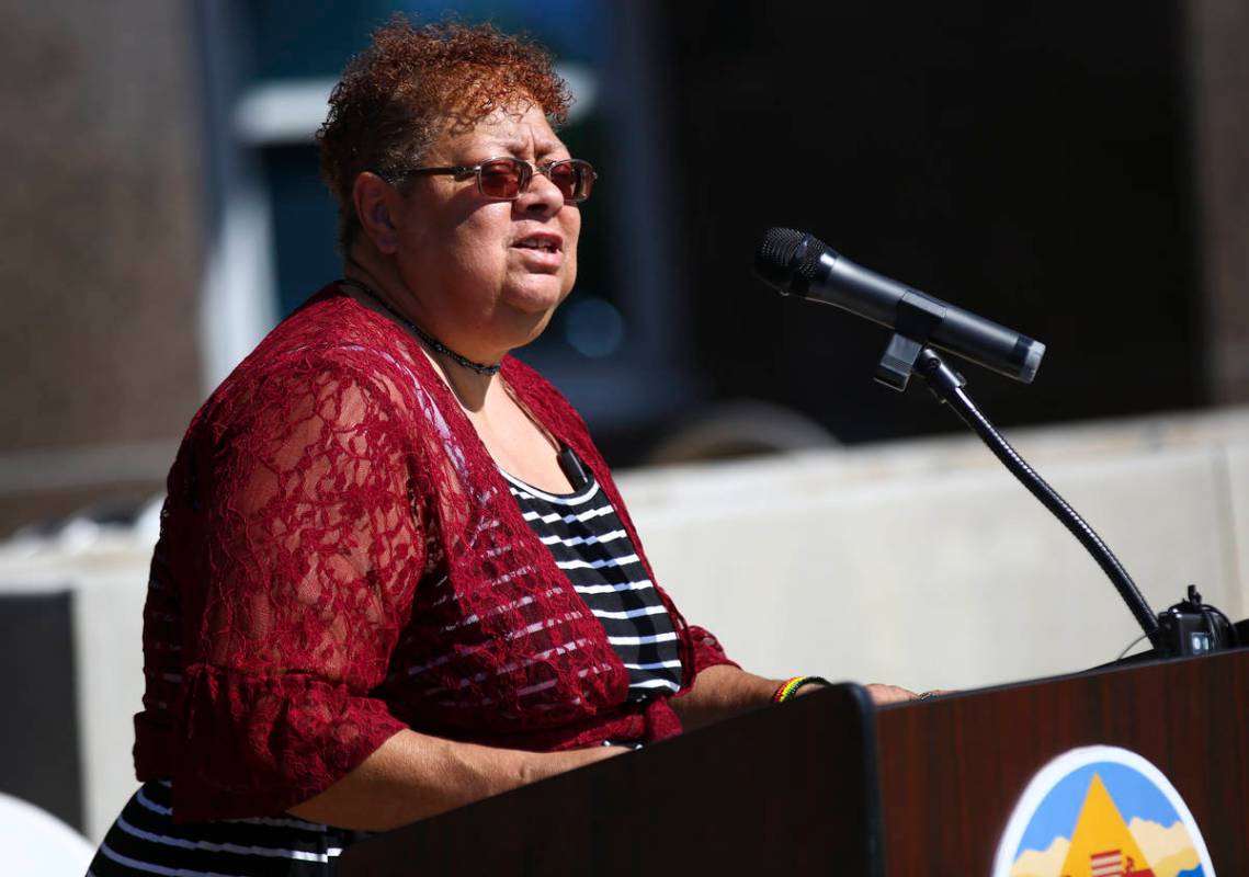 Deborah Evans, president of the National Juneteenth Observance Foundation Nevada, speaks during ...