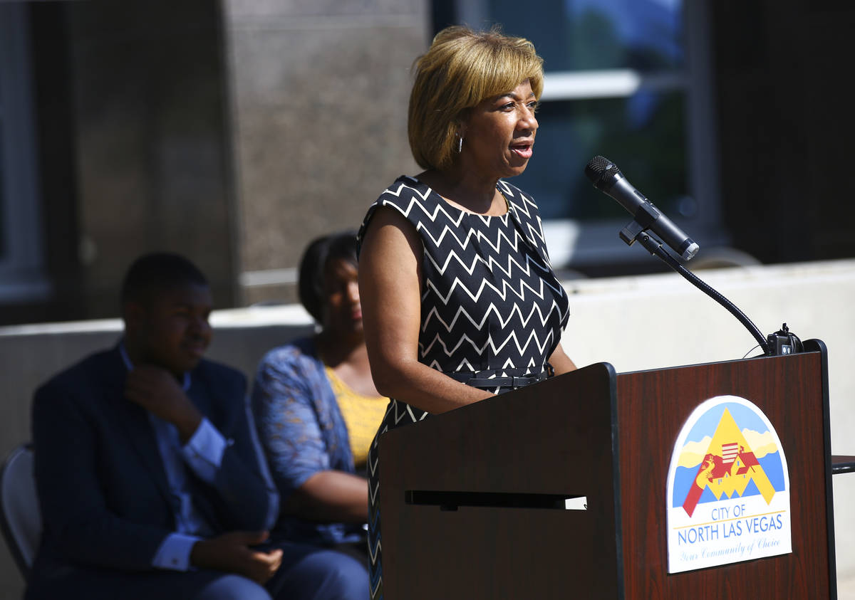 North Las Vegas City Councilwoman Pamela Goynes-Brown speaks during a flag-raising ceremony ahe ...