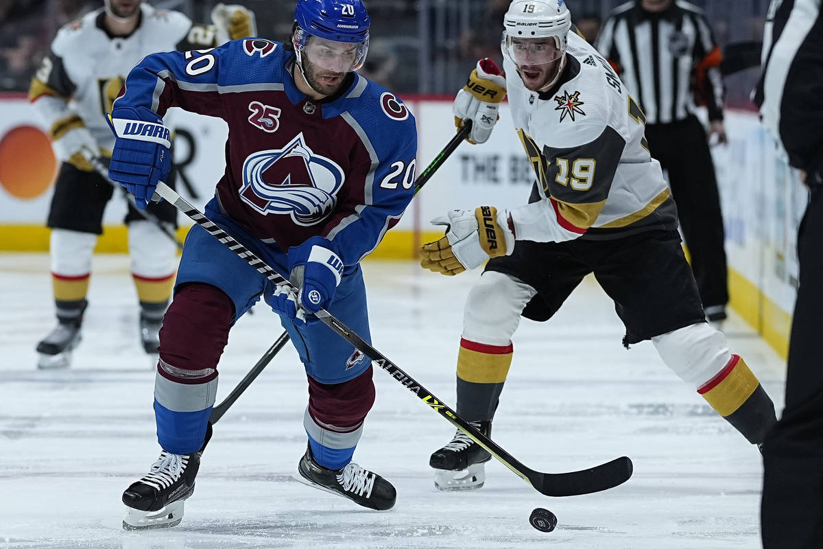 Colorado Avalanche left wing Brandon Saad (20) moves the puck against Vegas Golden Knights righ ...