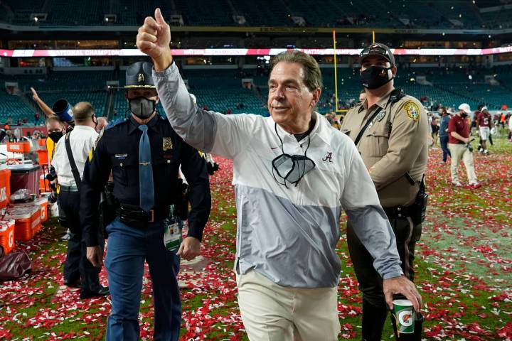 Alabama head coach Nick Saban leaves the field after their win against Ohio State in an NCAA Co ...