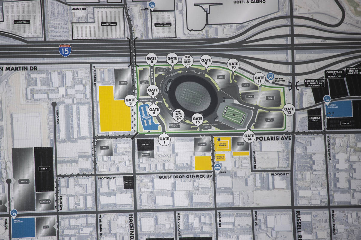 A map detailing on site parking at Allegiant Stadium is displayed during a press conference on ...