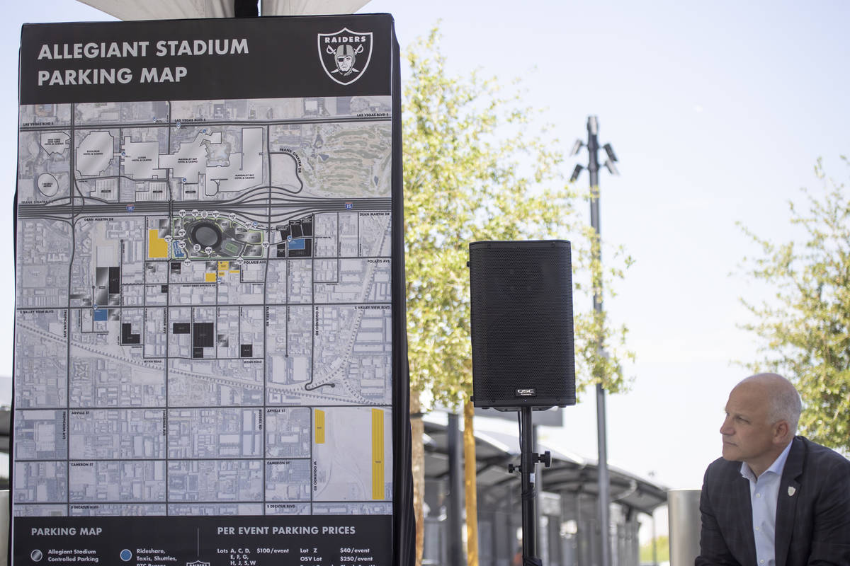 Las Vegas Raiders President Marc Badain participates during a press conference on the parking a ...