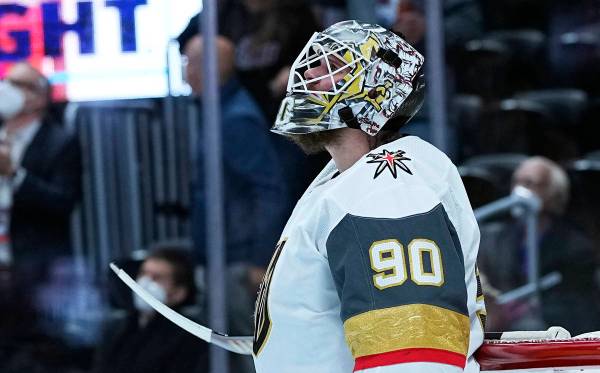 Vegas Golden Knights goaltender Robin Lehner (90) looks on after giving up a goal to the Colora ...