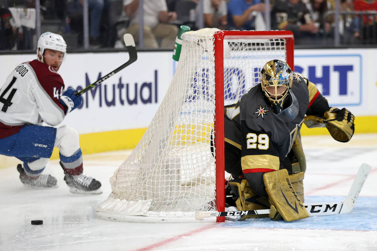 Vegas Golden Knights goaltender Marc-Andre Fleury (29) defends the goal against Colorado Avalan ...