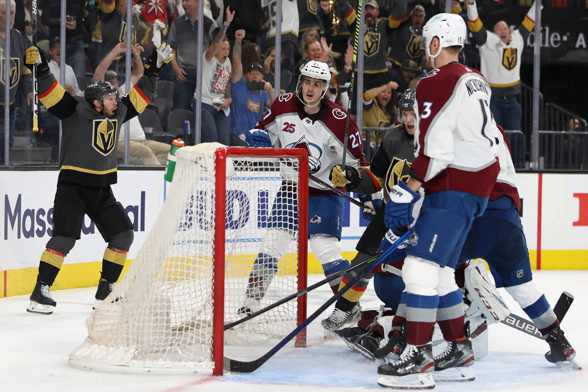 Vegas Golden Knights center Jonathan Marchessault (81) reacts after a shot for a score against ...