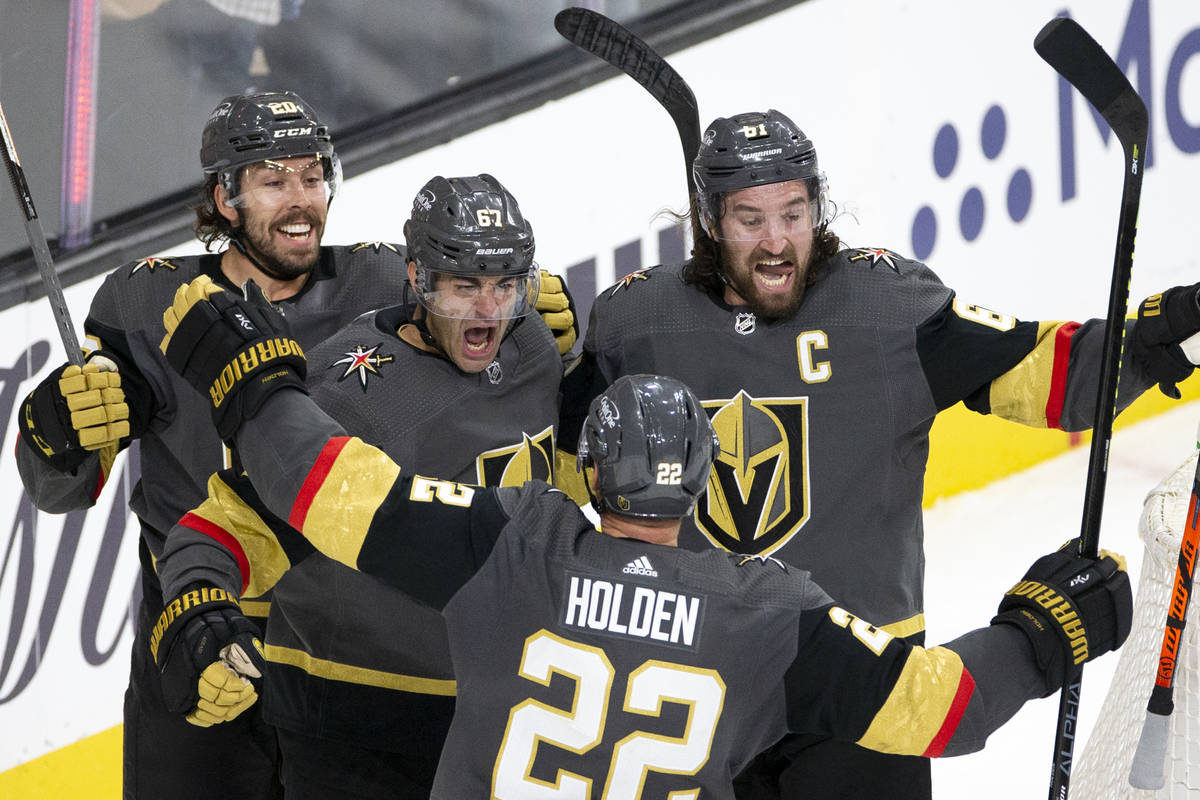 Golden Knights center Chandler Stephenson (20), left wing Max Pacioretty (67), defenseman Nick ...