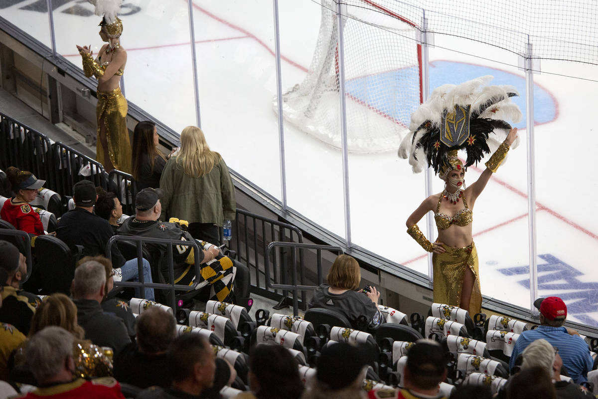 The Vegas Golden Belles rile up the crowd before Game 3 of a second-round NHL hockey Stanley Cu ...