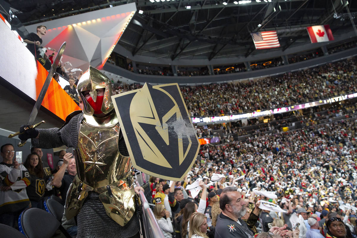 The Golden Knights mascot riles up the fans during Game 3 of a second-round NHL hockey Stanley ...