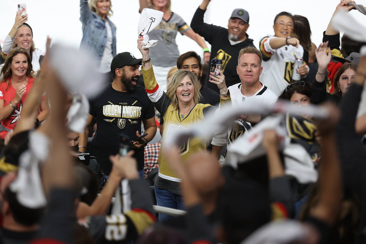 Fans cheer during a break in the first period of Game 3 of a second-round NHL hockey Stanley Cu ...