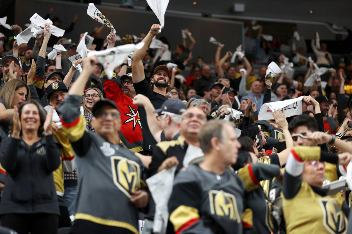 Vegas Golden Knights goaltender Marc-Andre Fleury (29) watches the replay of his save against C ...