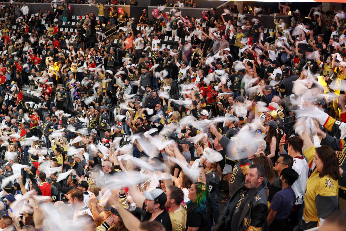 Fans cheers before the start of Game 3 of a second-round NHL hockey Stanley Cup playoff series ...