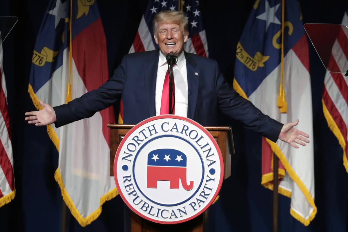 Former President Donald Trump speaks at the North Carolina Republican Convention in Greenville, ...