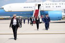 Vice President Kamala Harris deplanes Air Force Two after a technical issue forced the aircraft ...