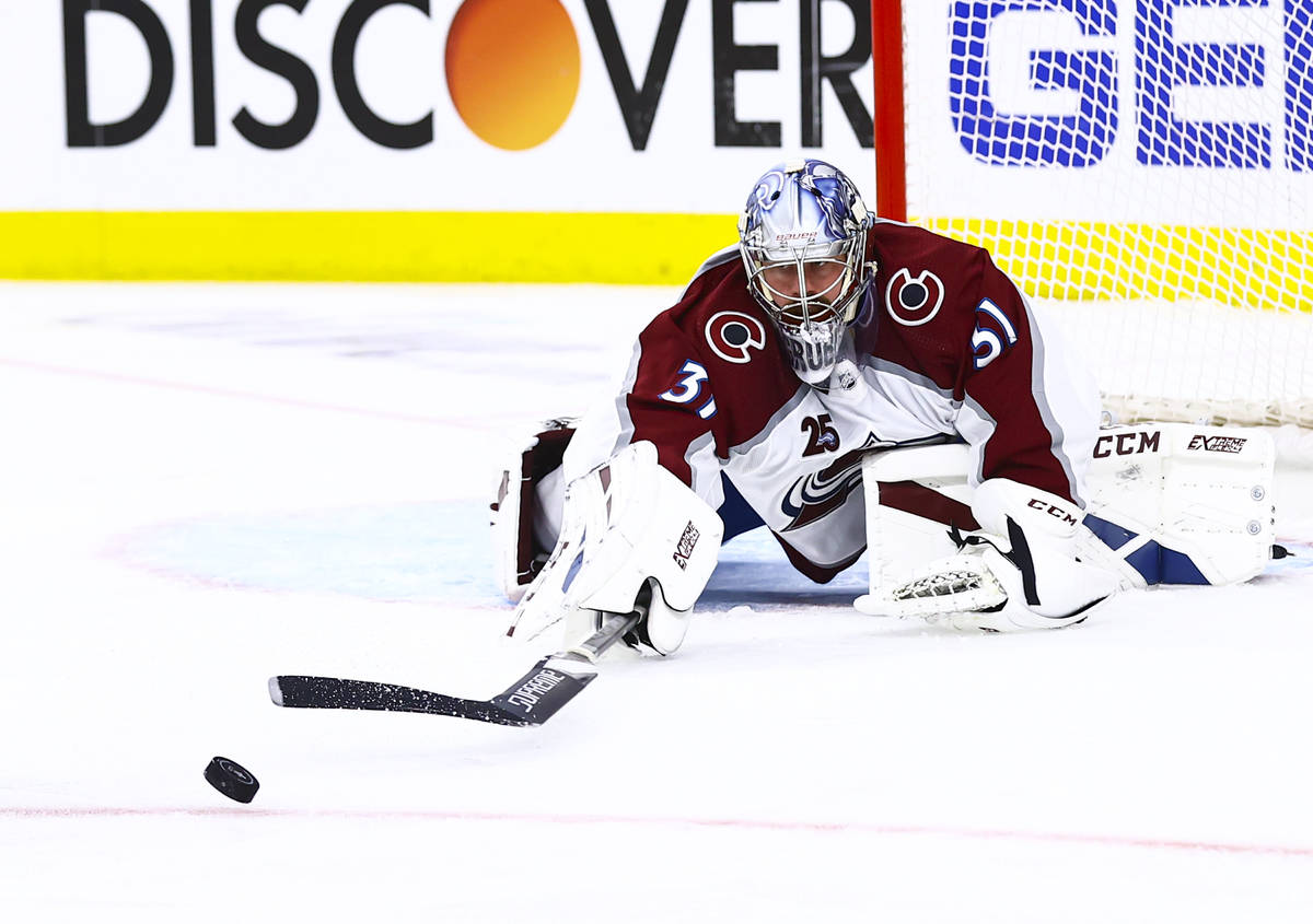 Colorado Avalanche's goaltender Philipp Grubauer (31) blocks the puck during the second period ...