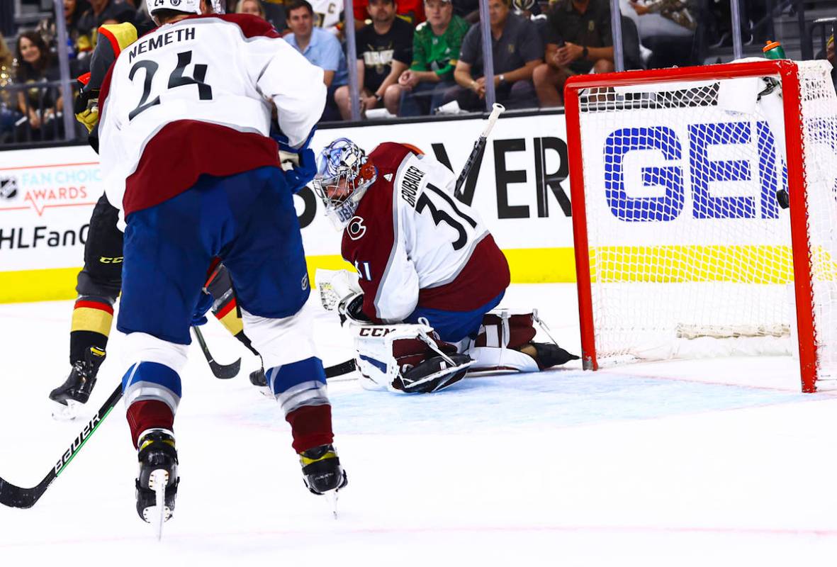 Golden Knights' Jonathan Marchessault, not pictured, gets the puck past Colorado Avalanche goal ...