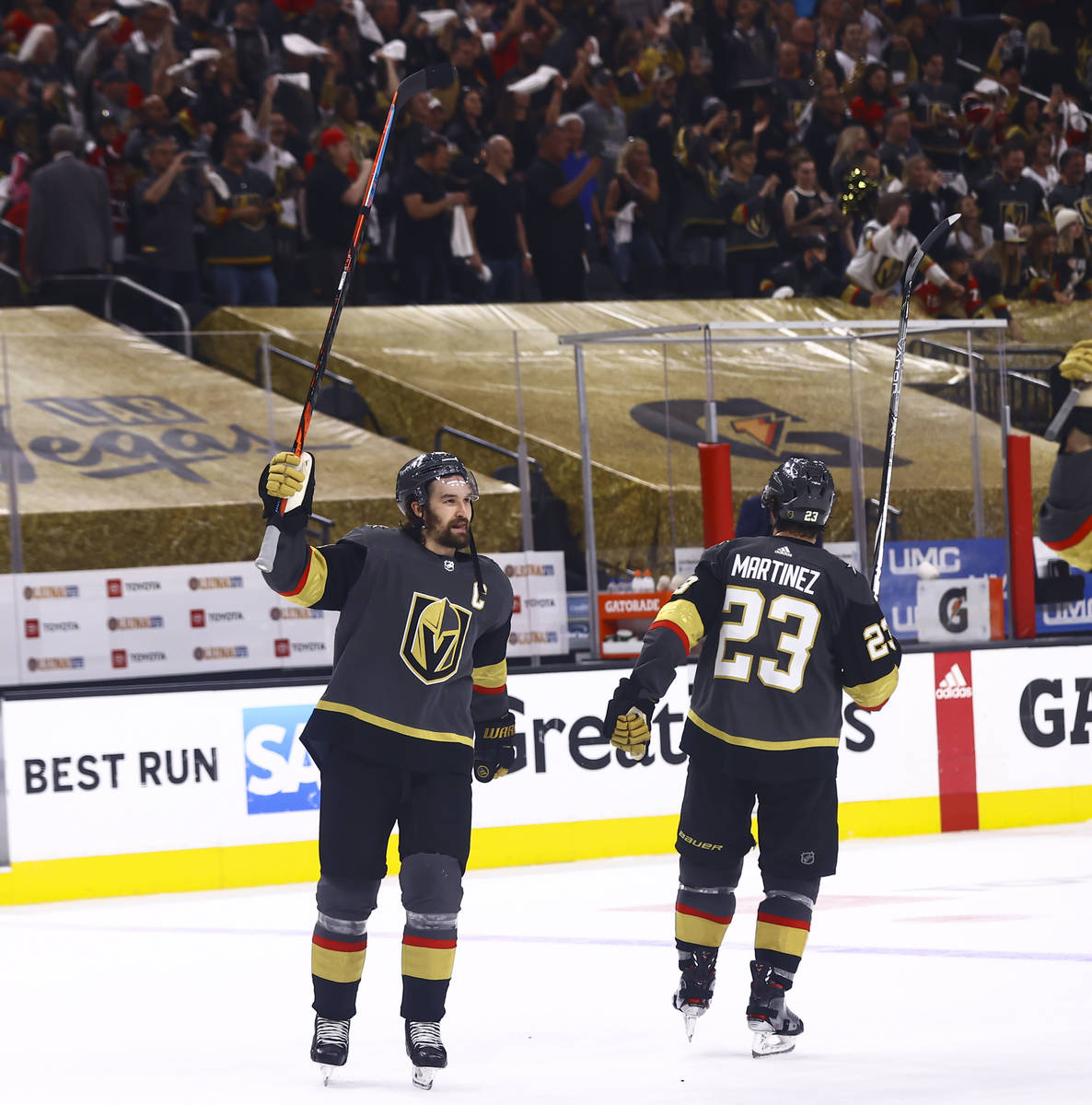 Golden Knights' Mark Stone celebrates after defeating Colorado Avalanche in Game 4 of an NHL ho ...