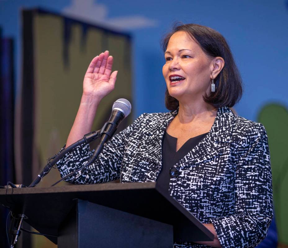 State Superintendent of Public Instruction Jhone Ebert speaks during a ceremony for four bill s ...