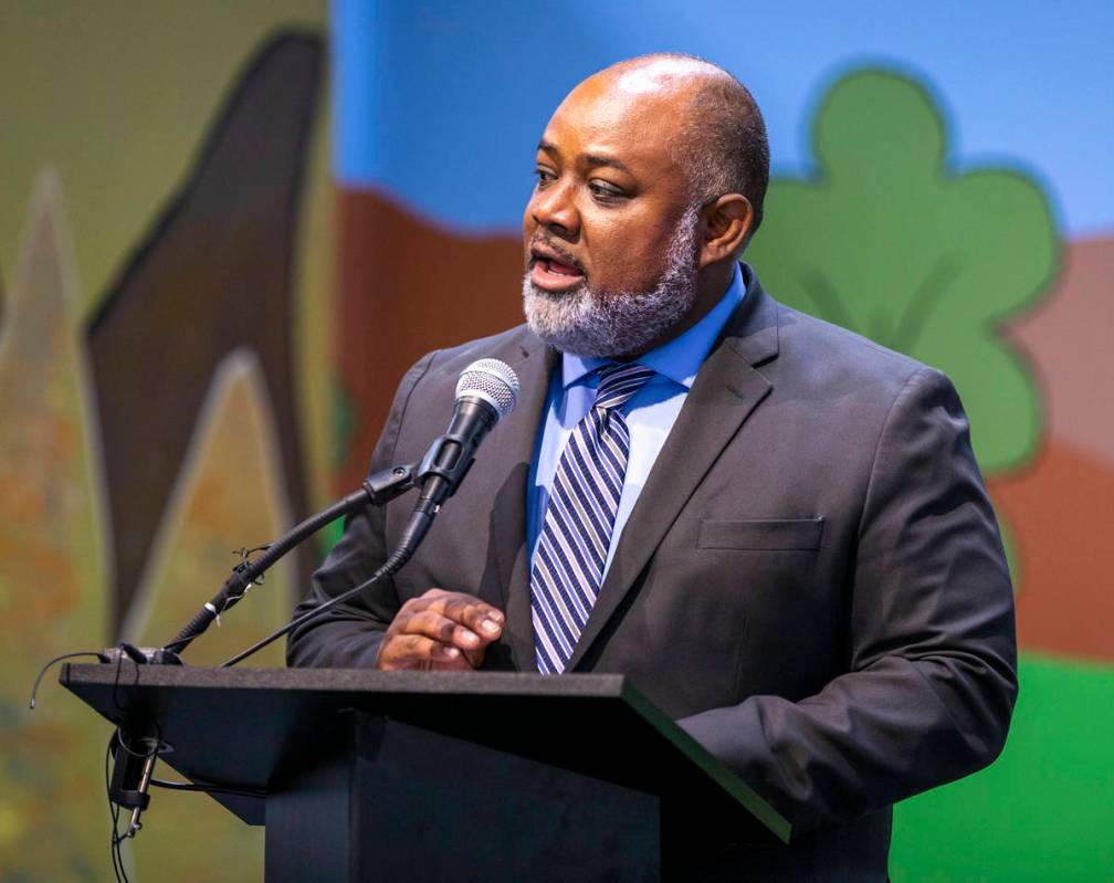 Assembly Speaker Jason Frierson speaks during a ceremony for four bill signings at Fay Herron E ...