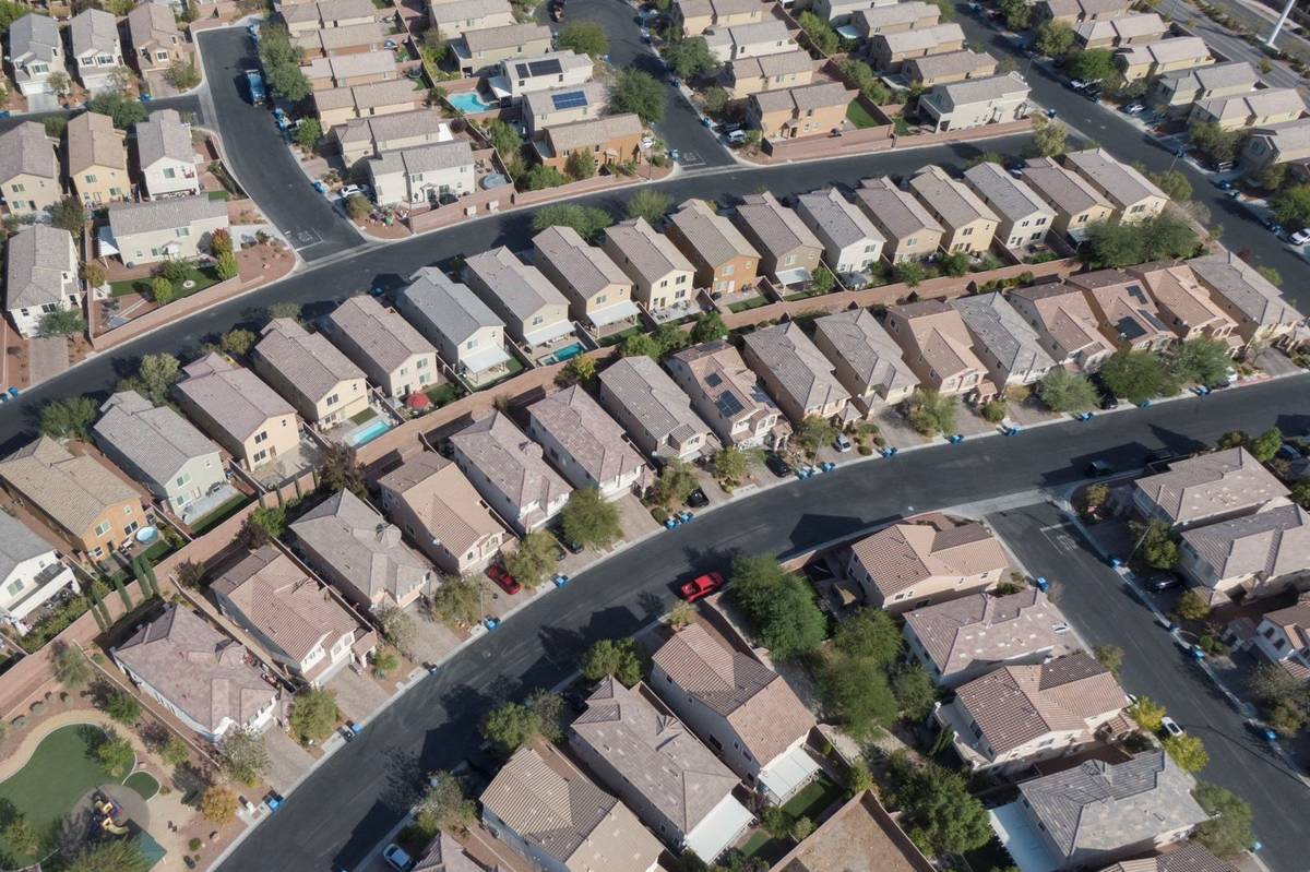 An aerial view of housing developments near Farm Road and Shaumber Road in Las Vegas on Monday, ...