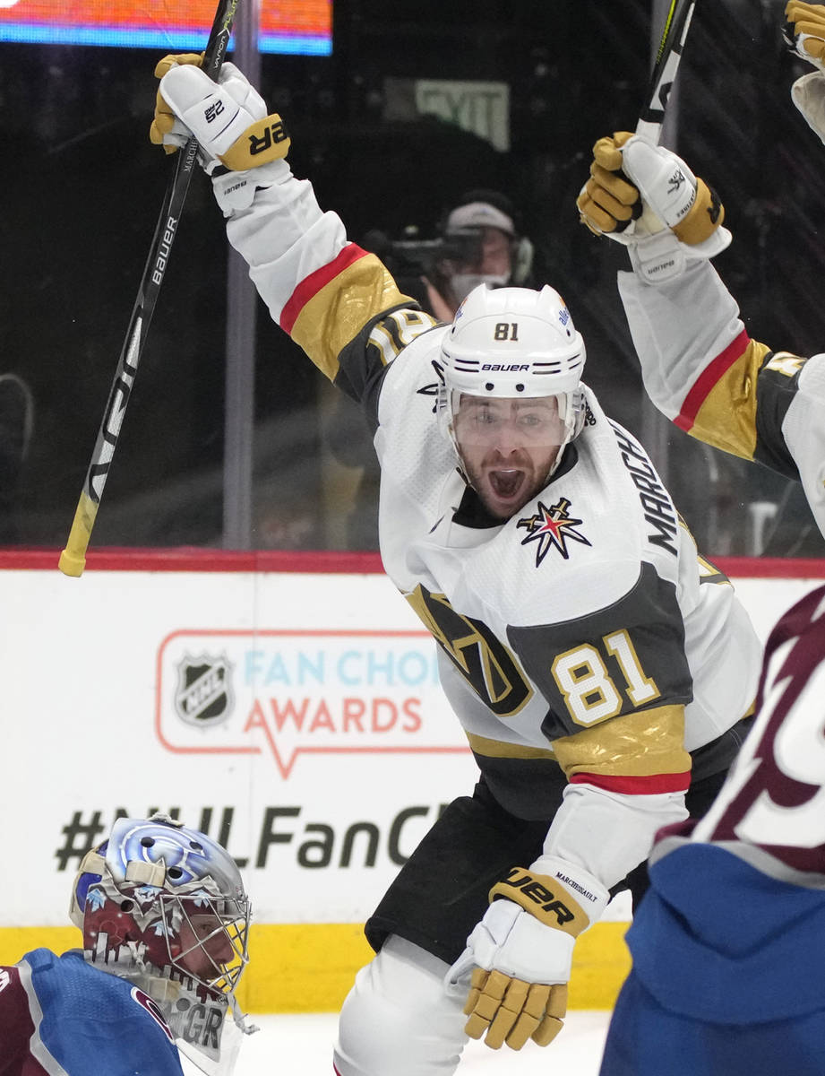 Vegas Golden Knights center Jonathan Marchessault celebrates after scoring the tying goal again ...