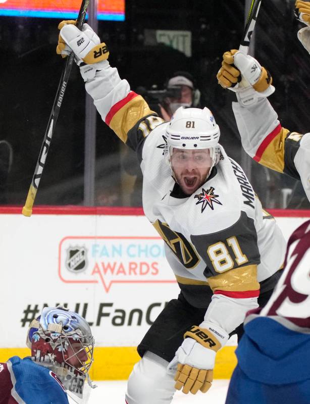 Vegas Golden Knights center Jonathan Marchessault celebrates after scoring the tying goal again ...