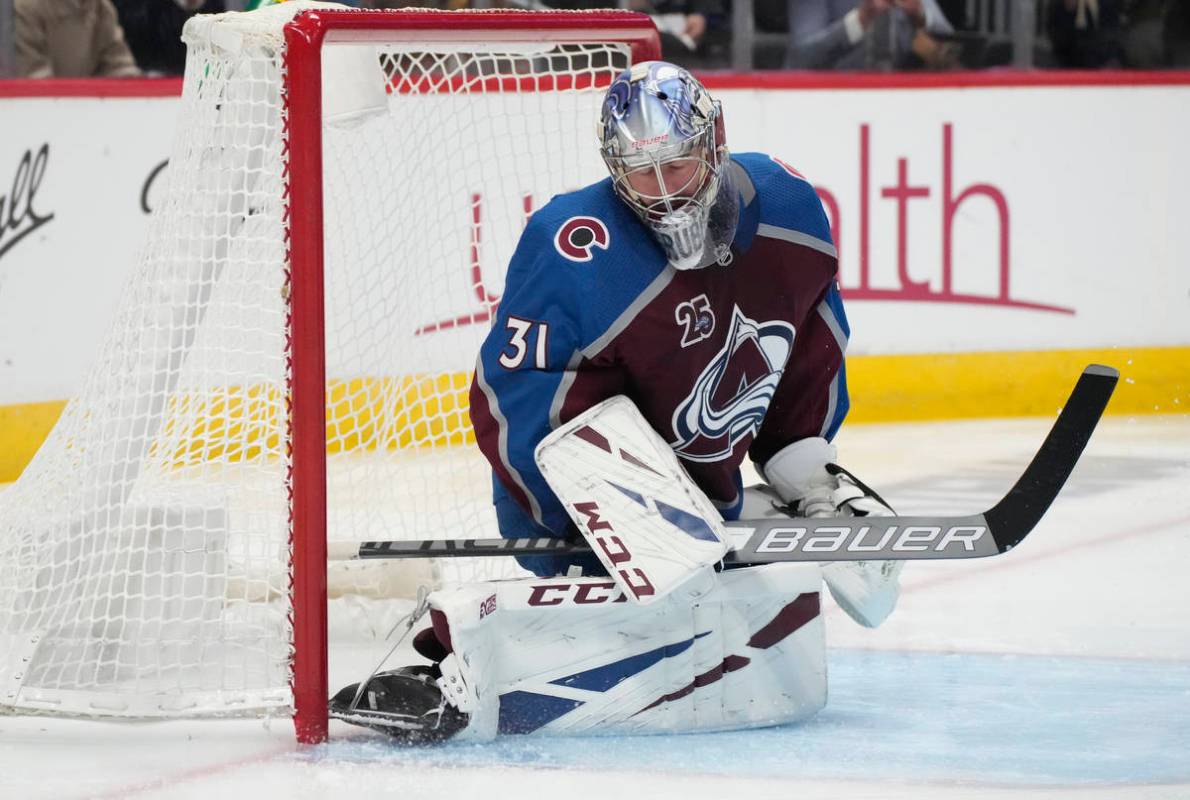 Colorado Avalanche goaltender Philipp Grubauer reacts after giving up a goal to Vegas Golden Kn ...