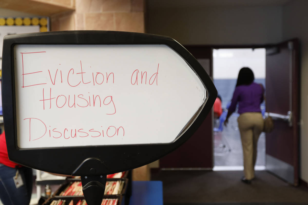 A sign for a public forum is seen at Desert Breeze Community Center in Las Vegas, Wednesday, Ju ...