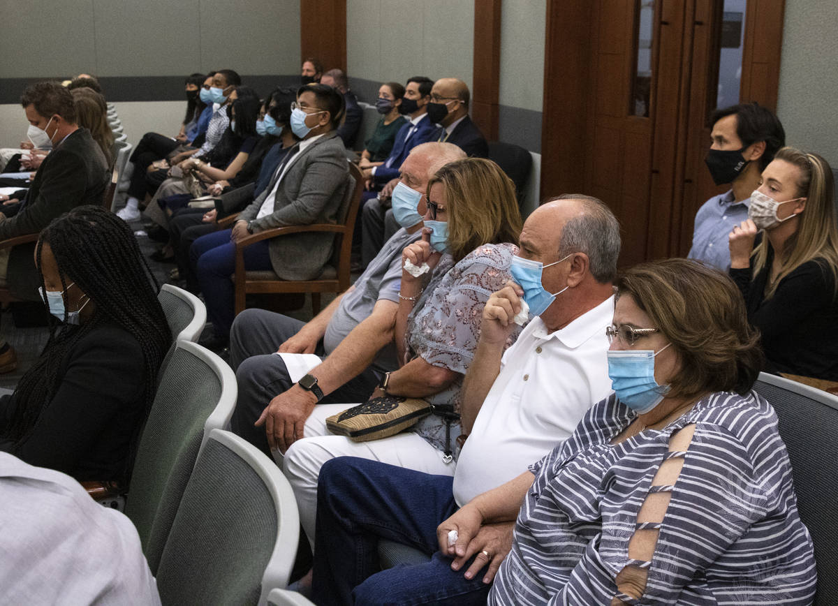 Family members of five bicyclists struck and killed by Jordan Barson listen during his sentenci ...