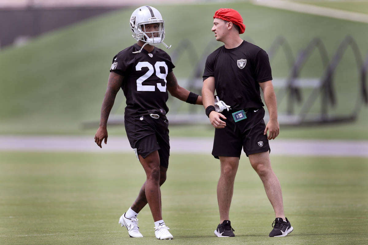 Las Vegas Raiders cornerback Casey Hayward Jr (29) runs a drill during a team practice at the R ...