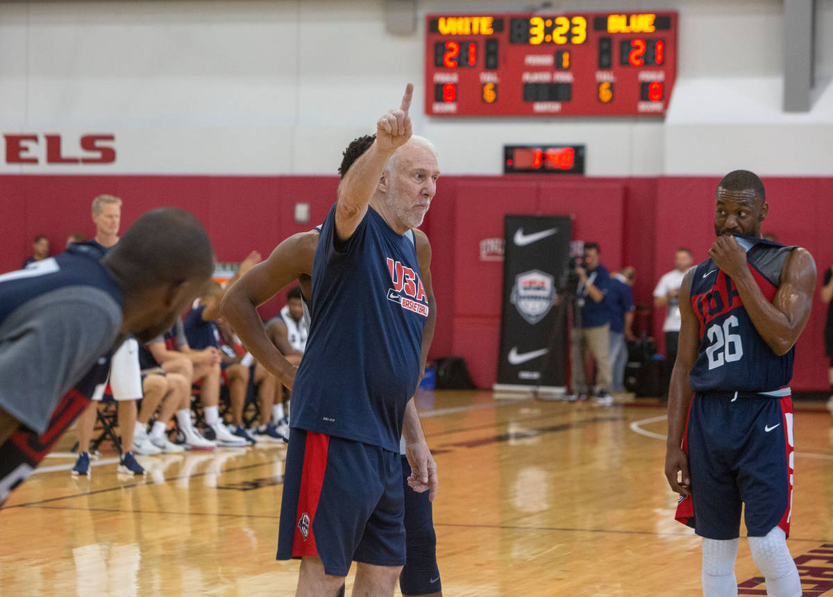 San Antonio Spurs head coach Gregg Popovich, coaches during the USA basketball scrimmage, while ...