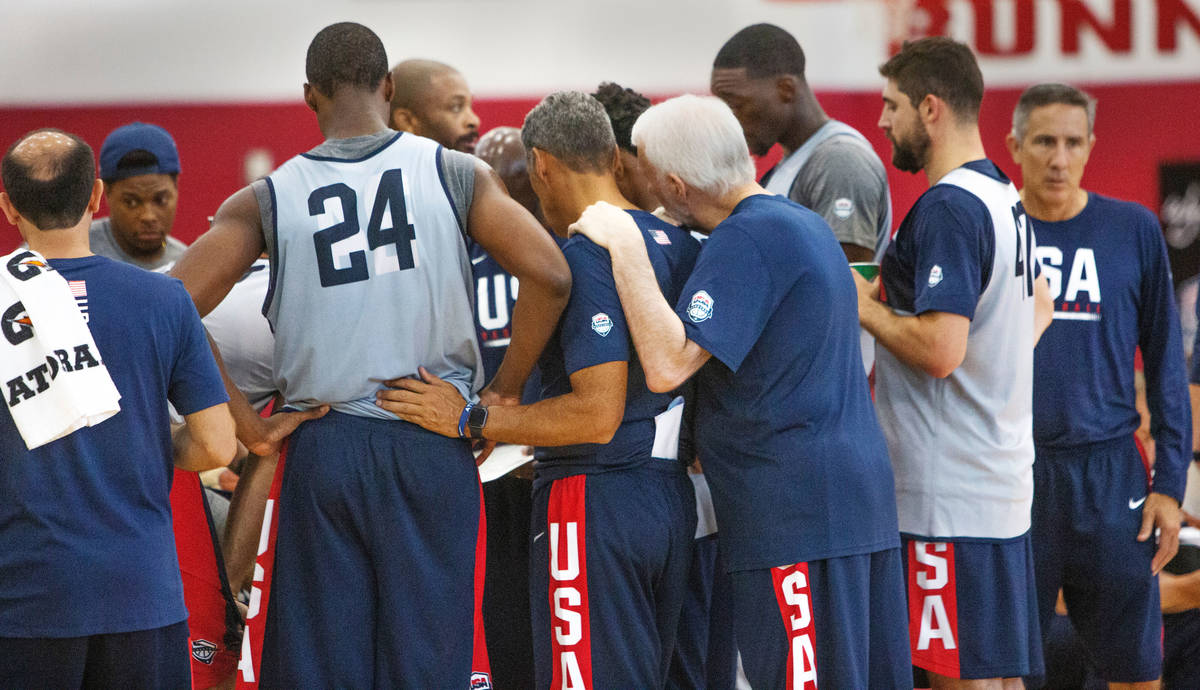 USA basketball players huddle while on a timeout during the USA basketball scrimmage game at UN ...