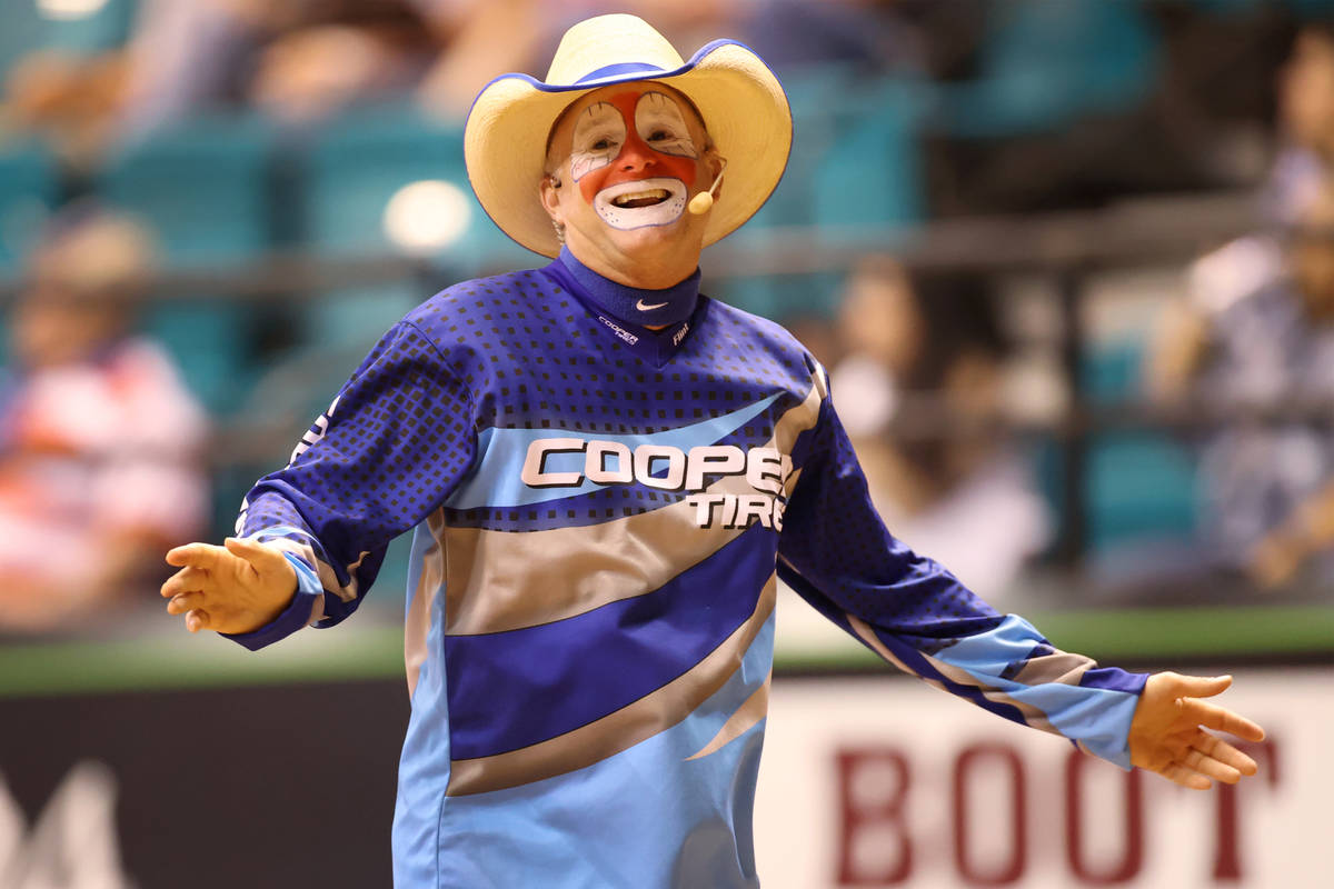 Rodeo clown Flint Rasmussen works the crowd during the Professional Bull Riders Las Vegas Invit ...