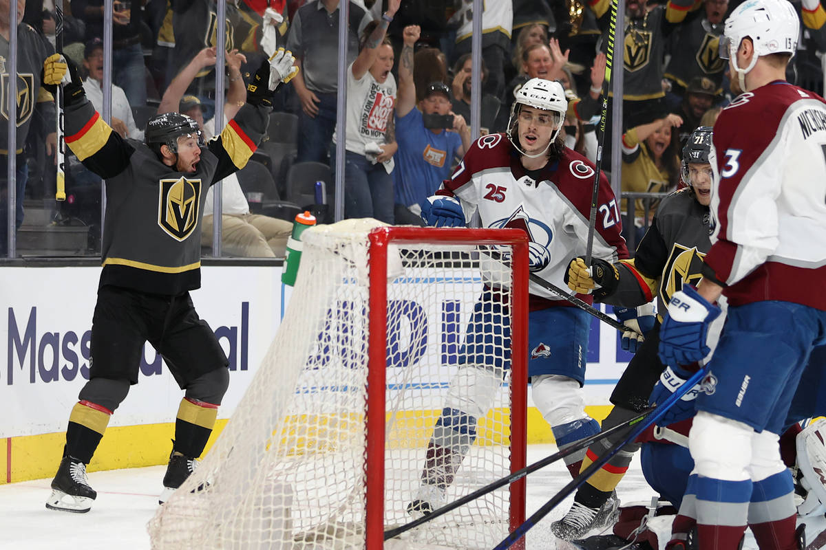 Vegas Golden Knights center Jonathan Marchessault (81) reacts after a shot for a score against ...