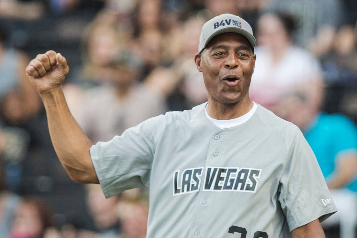 Former Oakland Raiders running back Marcus Allen fires up his team during the Battle For Vegas ...