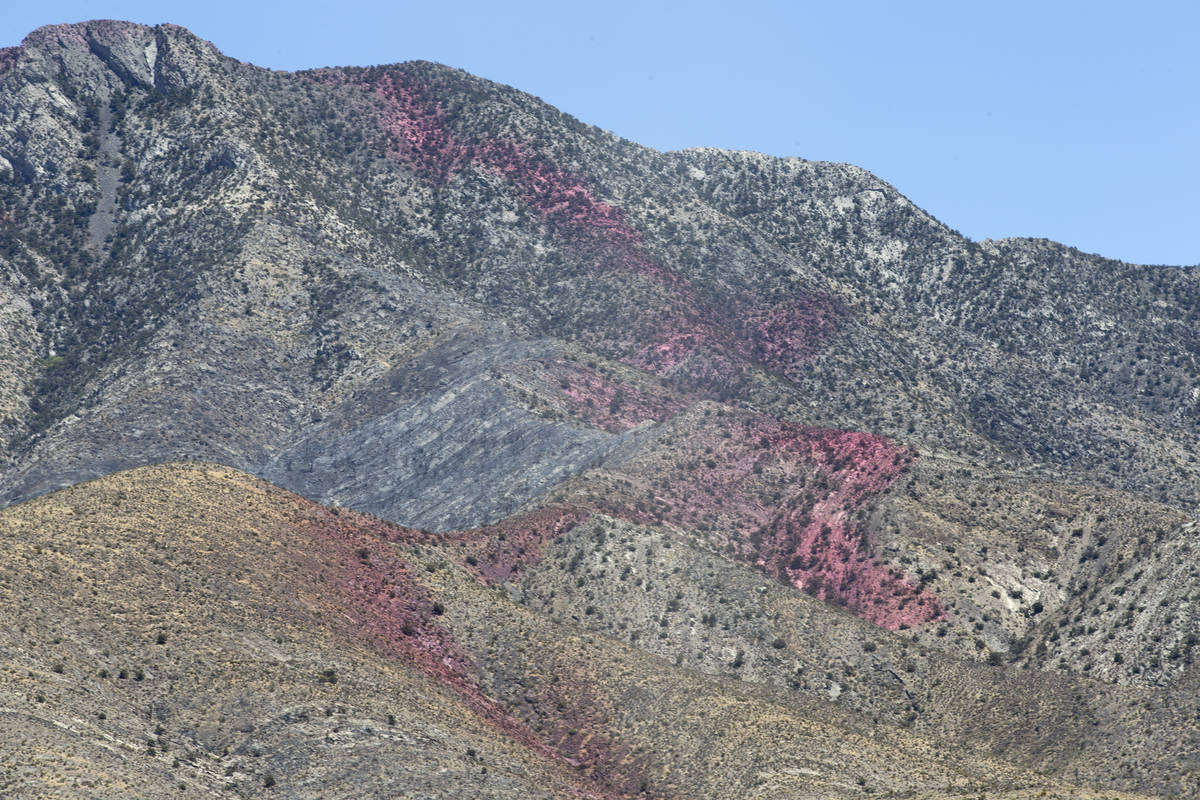 Fire retardant is present on the western slope of Potosi Mountain while crews battle the Sandy ...