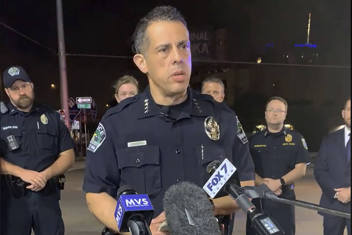 This photo provided by Austin Police Department shows Chief Chacon providing an update on overn ...