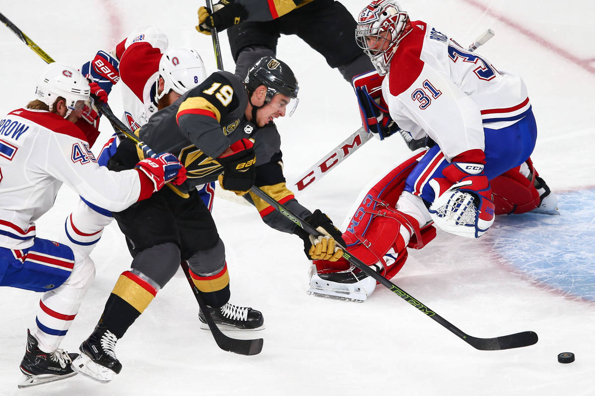 Golden Knights right wing Reilly Smith (19) lines up his shot to score against Montreal Canadie ...
